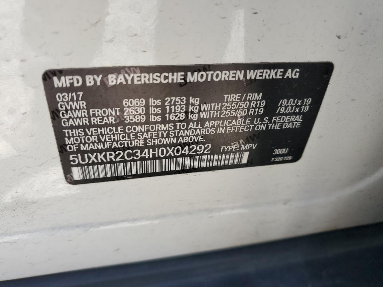 5UXKR2C34H0X04292 2017 BMW X5 Sdrive35I