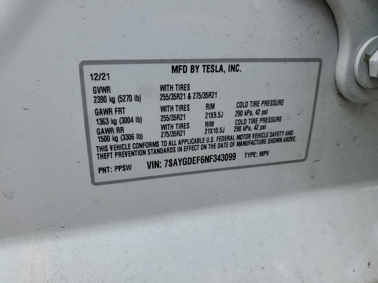 7SAYGDEF6NF343099 2022 Tesla Model Y