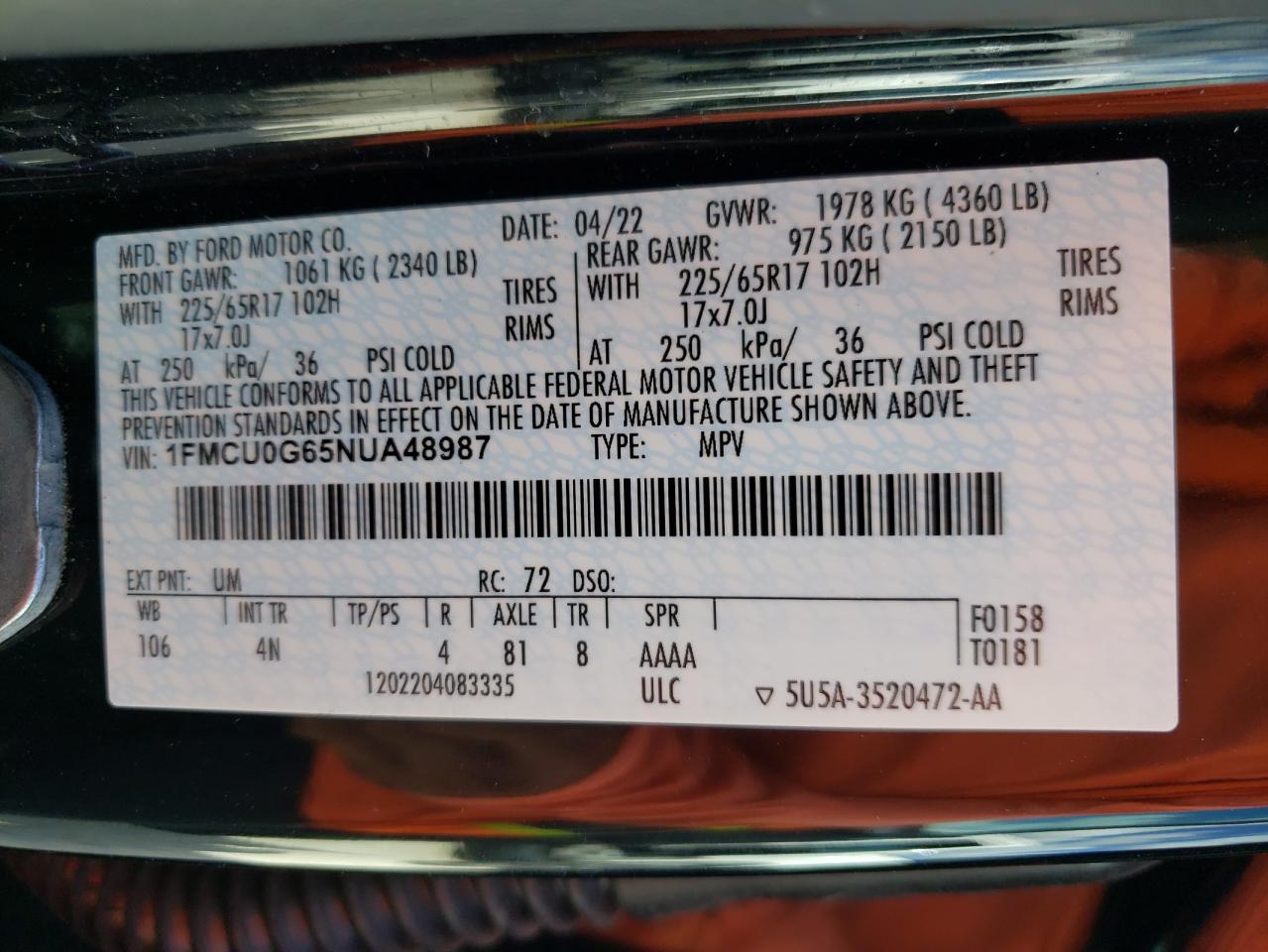 1FMCU0G65NUA48987 2022 Ford Escape Se