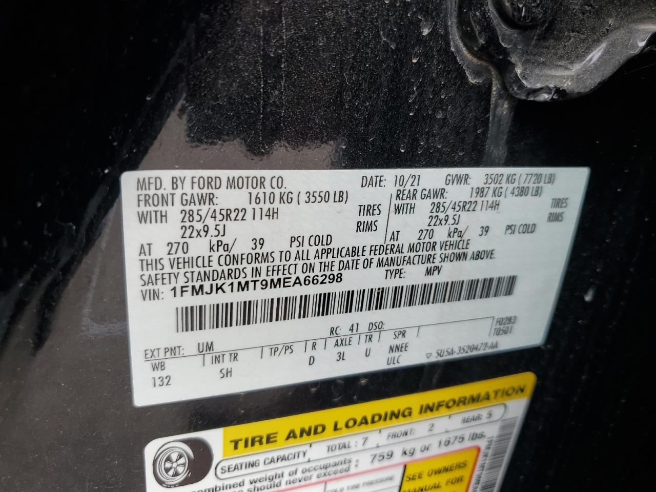 1FMJK1MT9MEA66298 2021 Ford Expedition Max Platinum