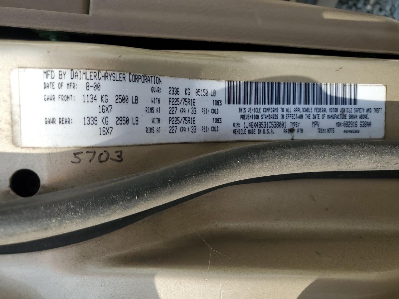 1J4GX48S31C538001 2001 Jeep Grand Cherokee Laredo