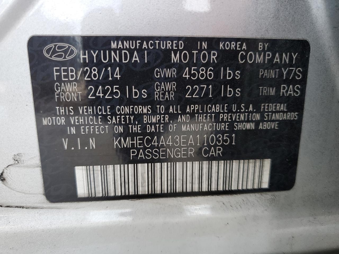 KMHEC4A43EA110351 2014 Hyundai Sonata Hybrid