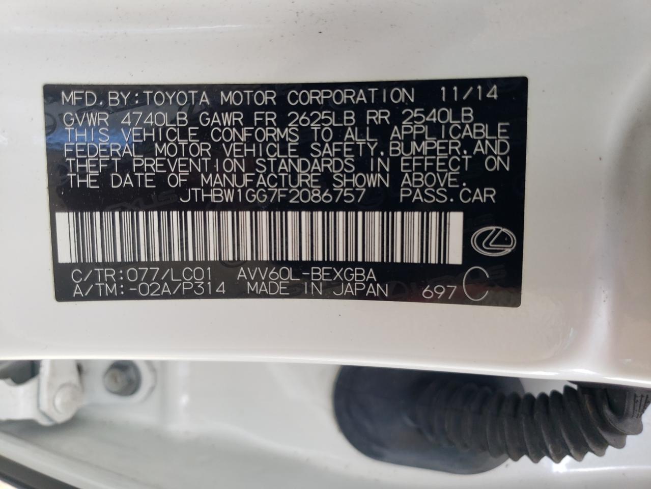 JTHBW1GG7F2086757 2015 Lexus Es 300H