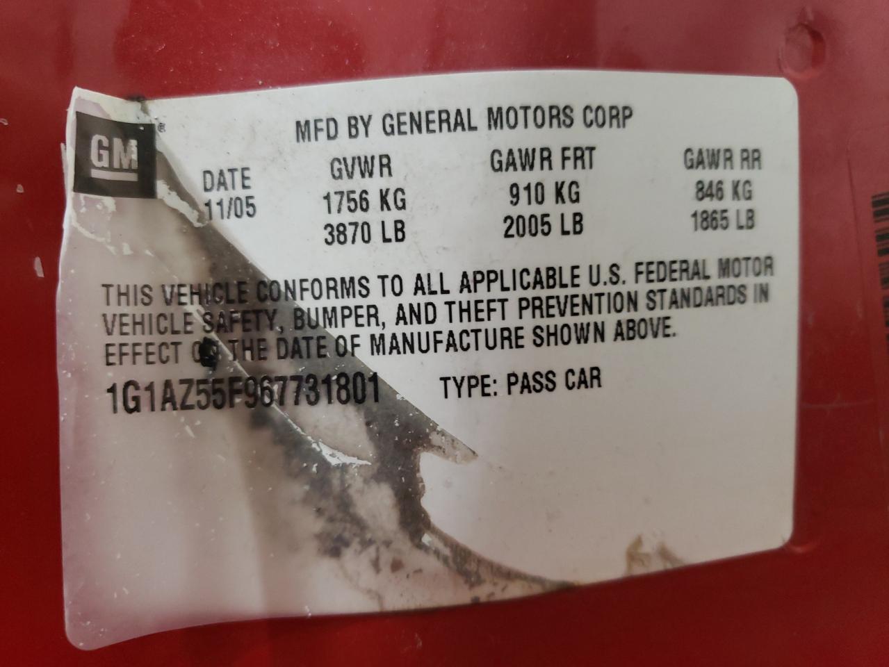 1G1AZ55F967731801 2006 Chevrolet Cobalt Ltz