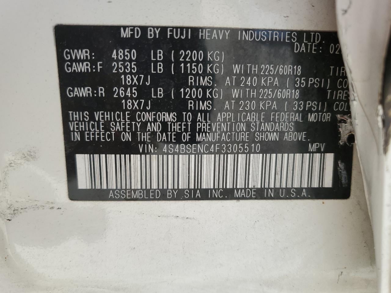 4S4BSENC4F3305510 2015 Subaru Outback 3.6R Limited