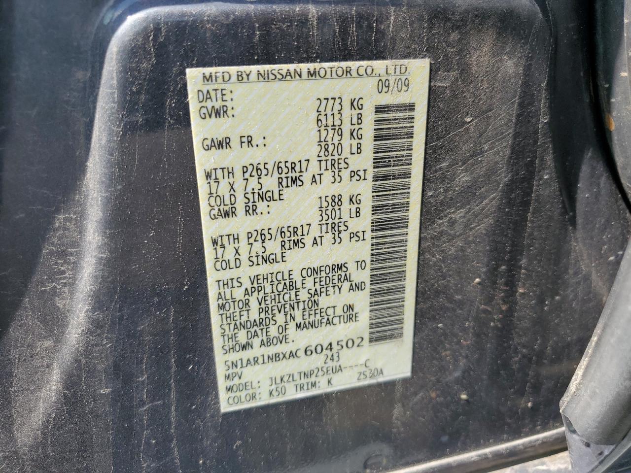 5N1AR1NBXAC604502 2010 Nissan Pathfinder S