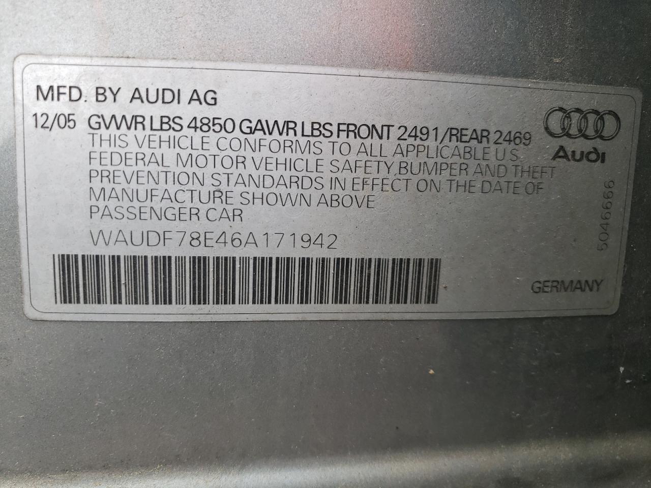 WAUDF78E46A171942 2006 Audi A4 2.0T Quattro