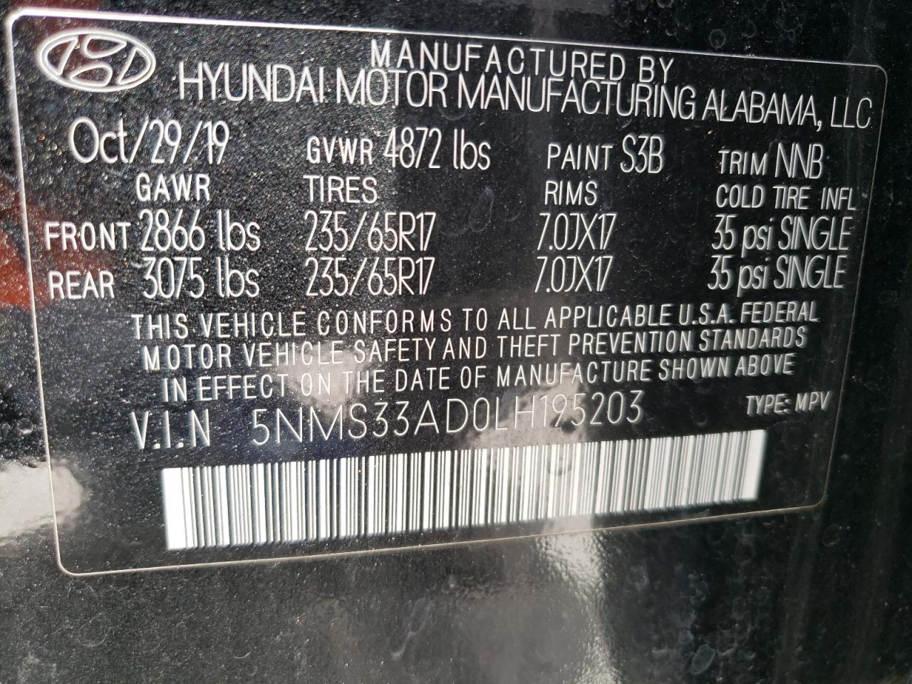 5NMS33AD0LH195203 2020 Hyundai Santa Fe Sel