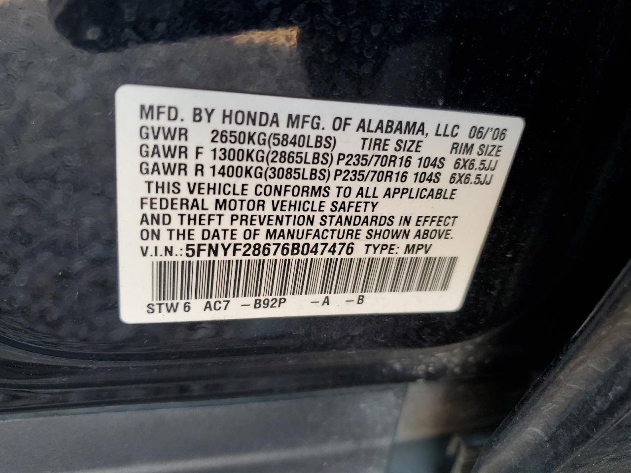 5FNYF28676B047476 2006 Honda Pilot Ex