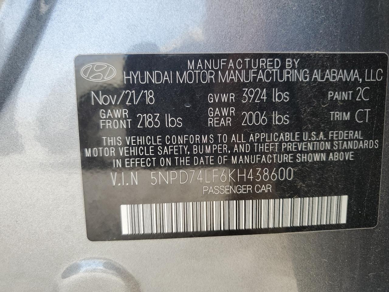 5NPD74LF6KH438600 2019 Hyundai Elantra Se