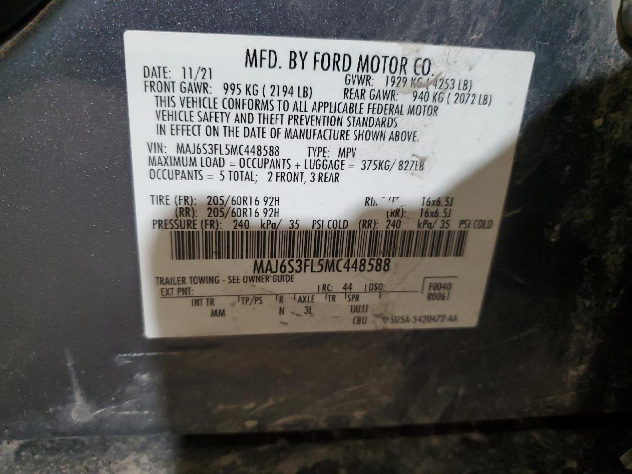 MAJ6S3FL5MC448588 2021 Ford Ecosport S