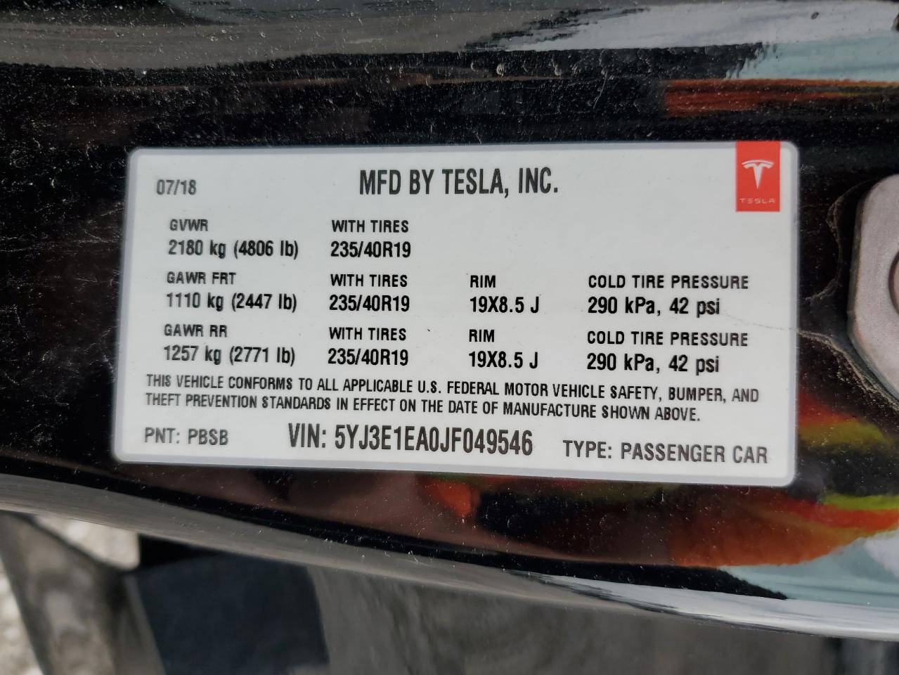 5YJ3E1EA0JF049546 2018 Tesla Model 3