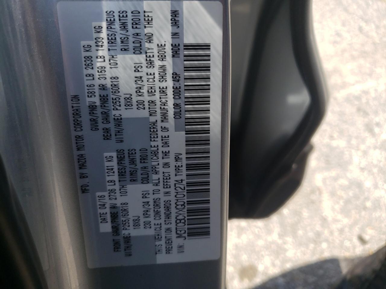 JM3TCBCYXG0101274 2016 Mazda Cx-9 Touring