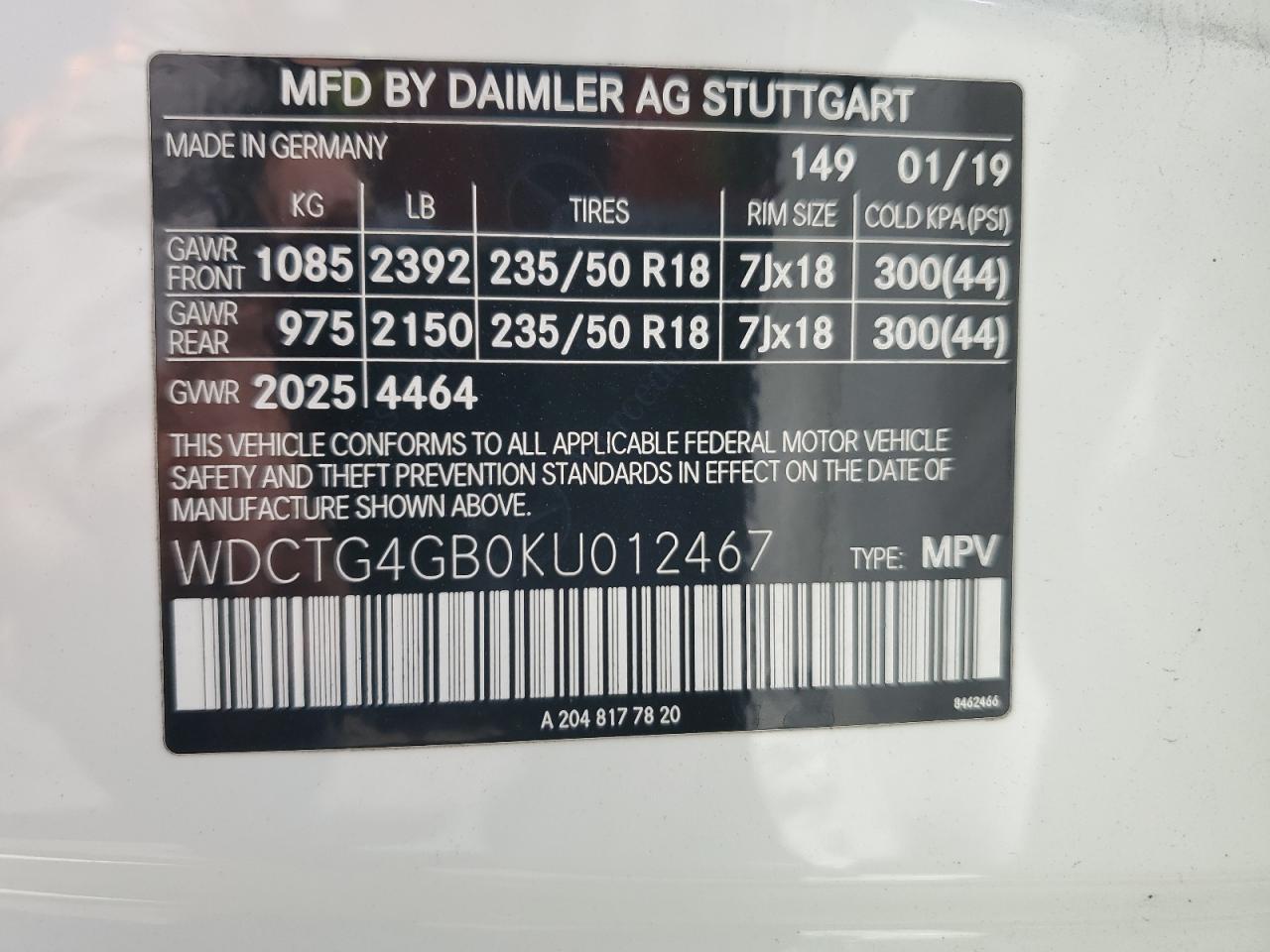 WDCTG4GB0KU012467 2019 Mercedes-Benz Gla 250 4Matic