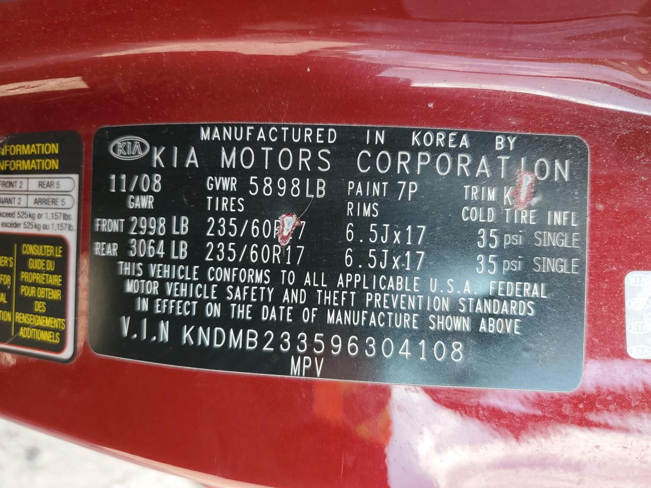 KNDMB233596304108 2009 Kia Sedona Ex