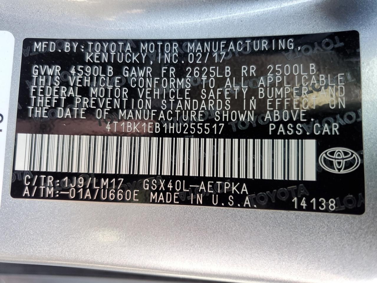 4T1BK1EB1HU255517 2017 Toyota Avalon Xle