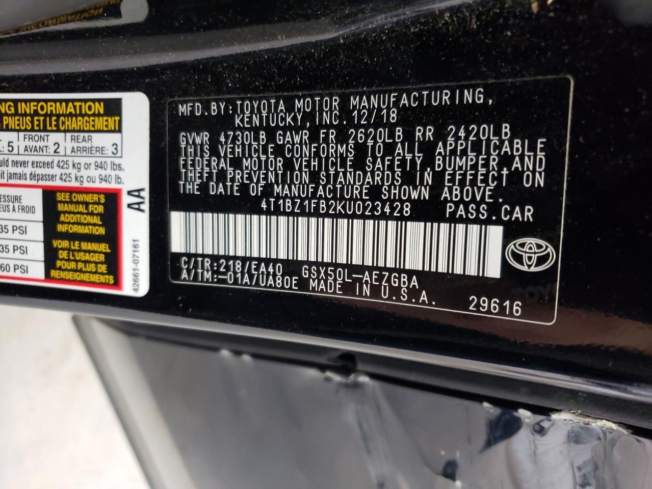 4T1BZ1FB2KU023428 2019 Toyota Avalon Xle