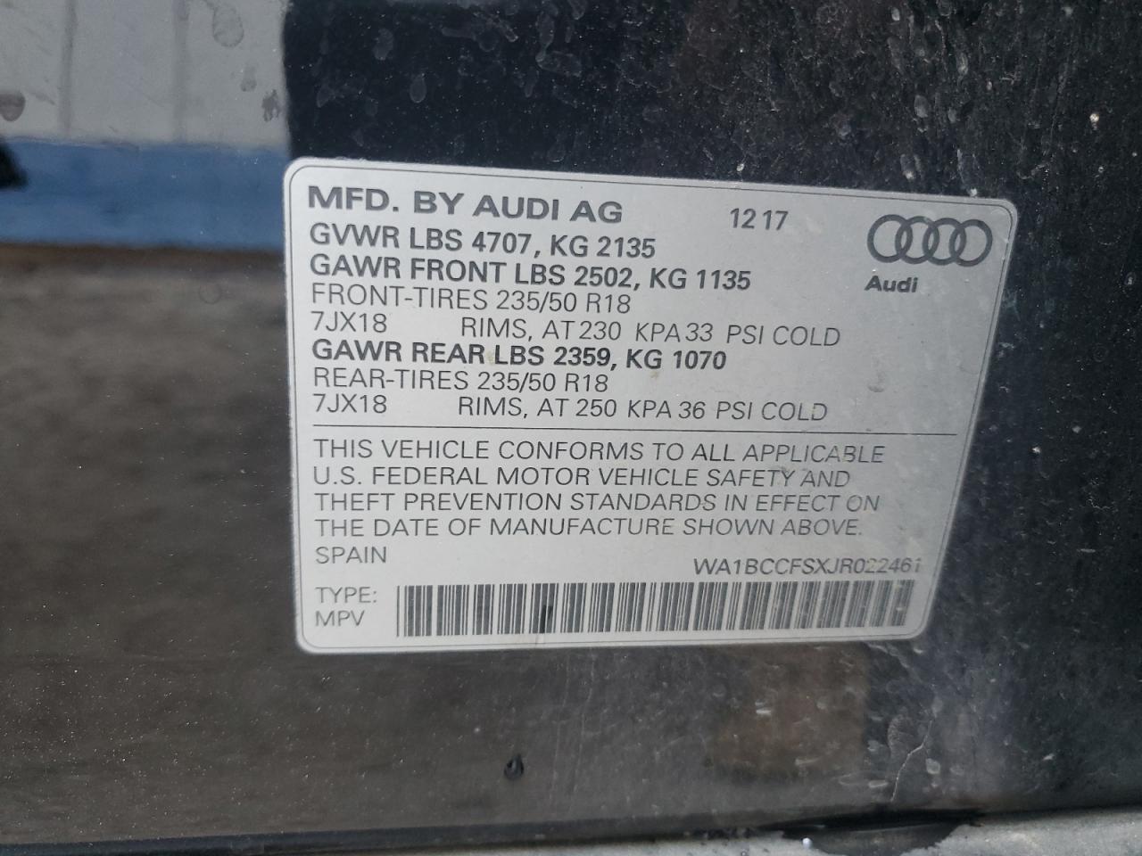 WA1BCCFSXJR022461 2018 Audi Q3 Premium