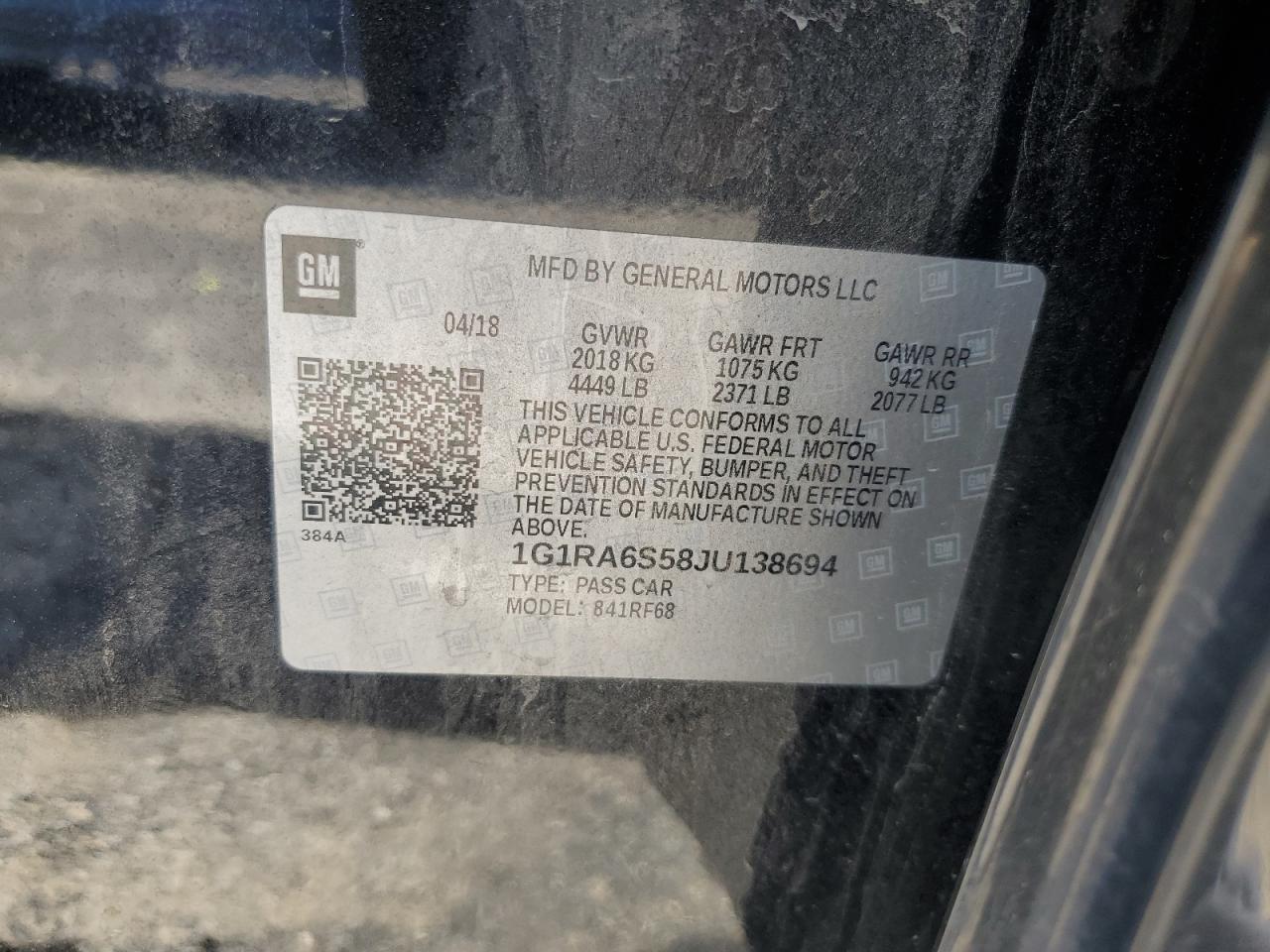 1G1RA6S58JU138694 2018 Chevrolet Volt Lt