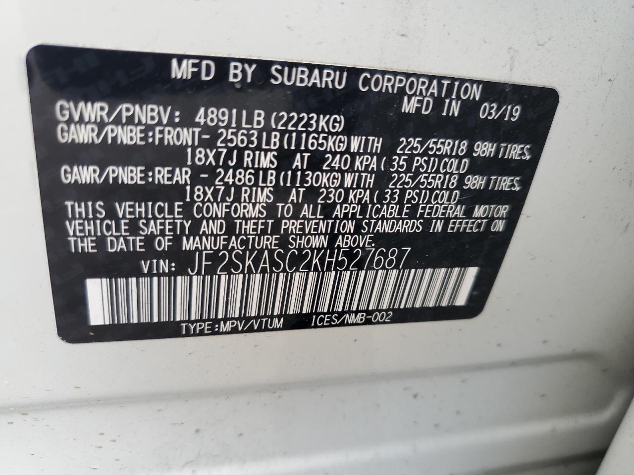 JF2SKASC2KH527687 2019 Subaru Forester Limited