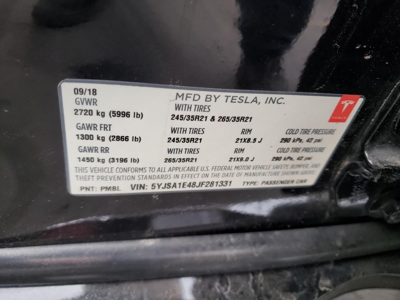 2018 Tesla Model S vin: 5YJSA1E48JF281331