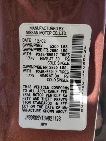 2003 Nissan Pathfinder Le VIN: JN8DR09Y13W821128 Lot: 61702284