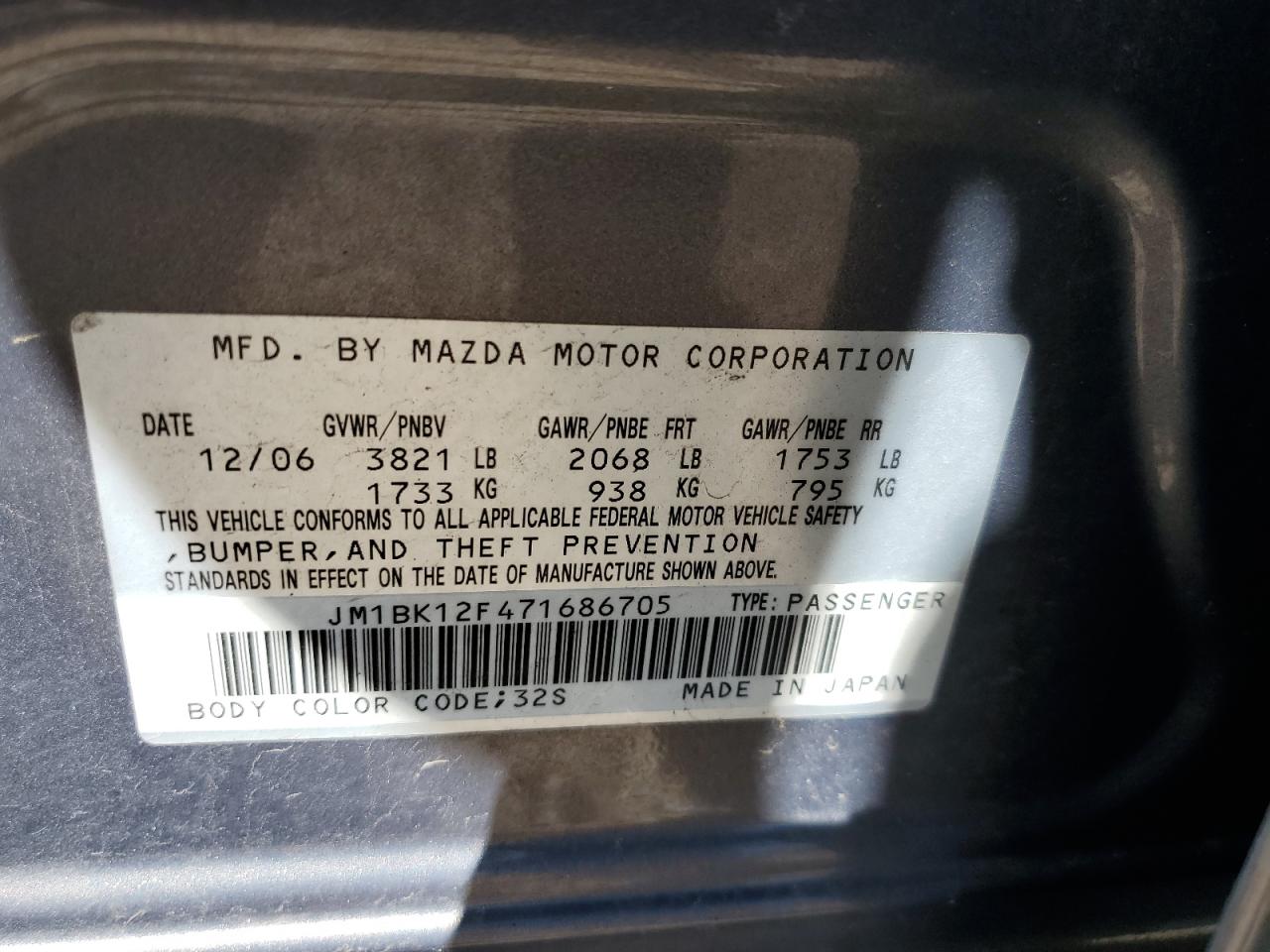 JM1BK12F471686705 2007 Mazda 3 I