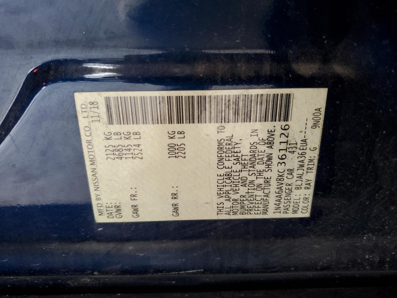 1N4AA6AV8KC361126 2019 Nissan Maxima S