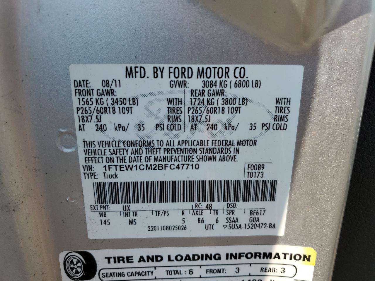 1FTEW1CM2BFC47710 2011 Ford F150 Supercrew