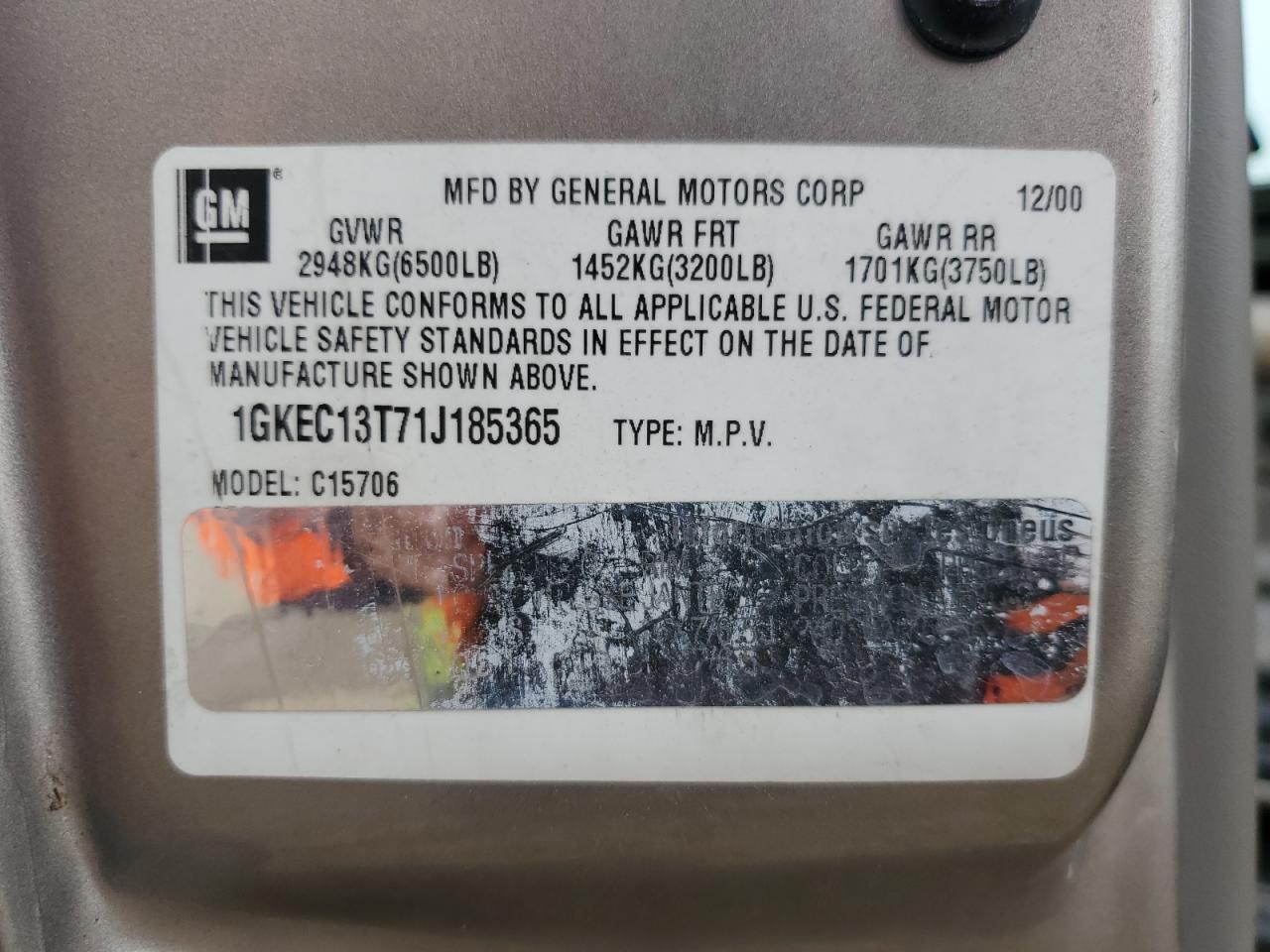 1GKEC13T71J185365 2001 GMC Yukon