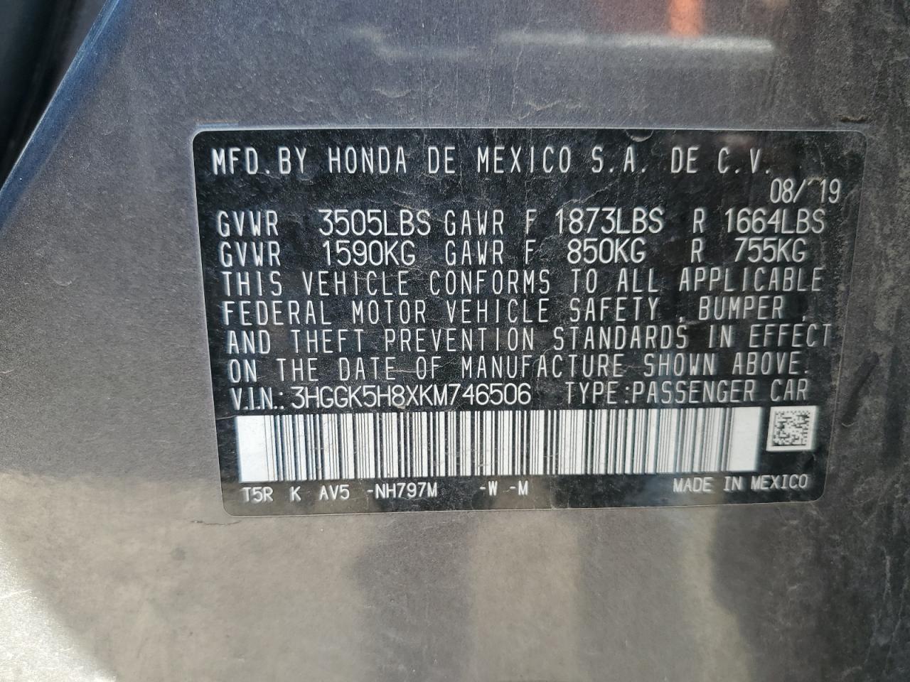 3HGGK5H8XKM746506 2019 Honda Fit Ex