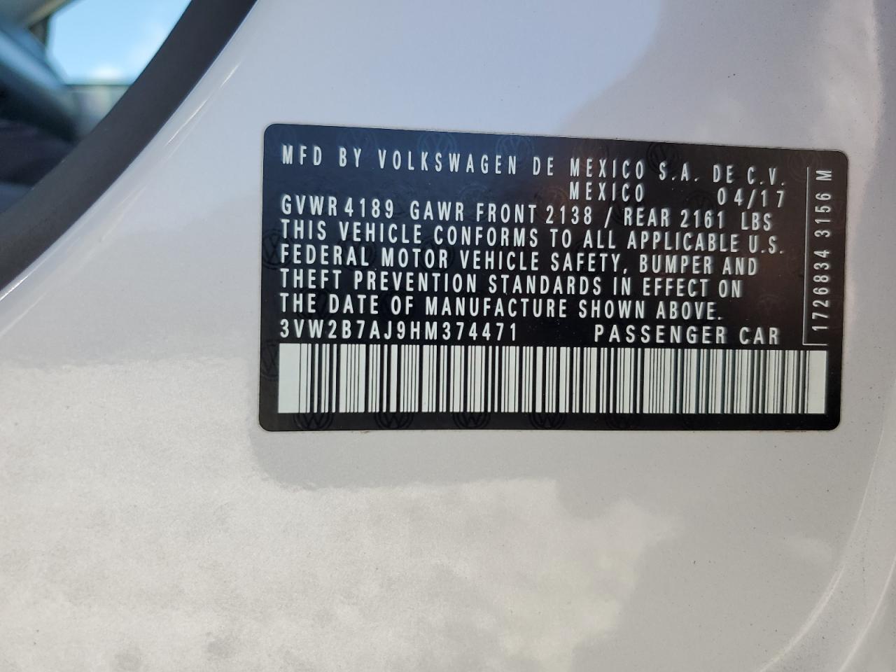 3VW2B7AJ9HM374471 2017 Volkswagen Jetta S