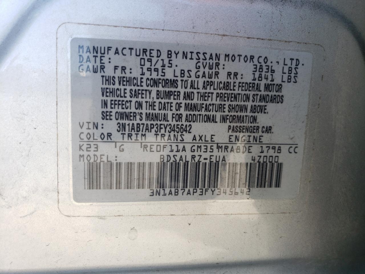 3N1AB7AP3FY345642 2015 Nissan Sentra S