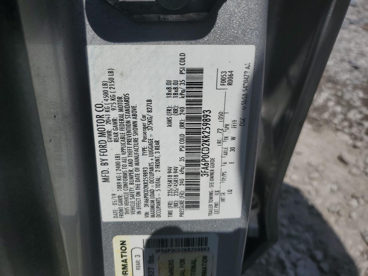 3FA6P0CD2KR259893 2019 Ford Fusion Sel