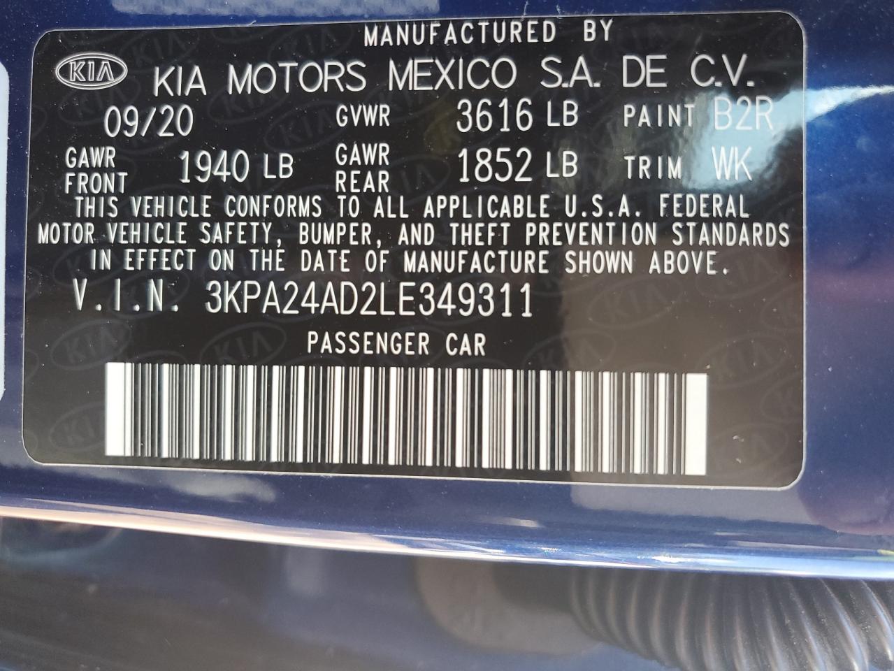 3KPA24AD2LE349311 2020 Kia Rio Lx