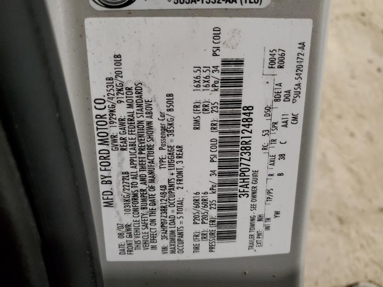 3FAHP07Z38R124848 2008 Ford Fusion Se