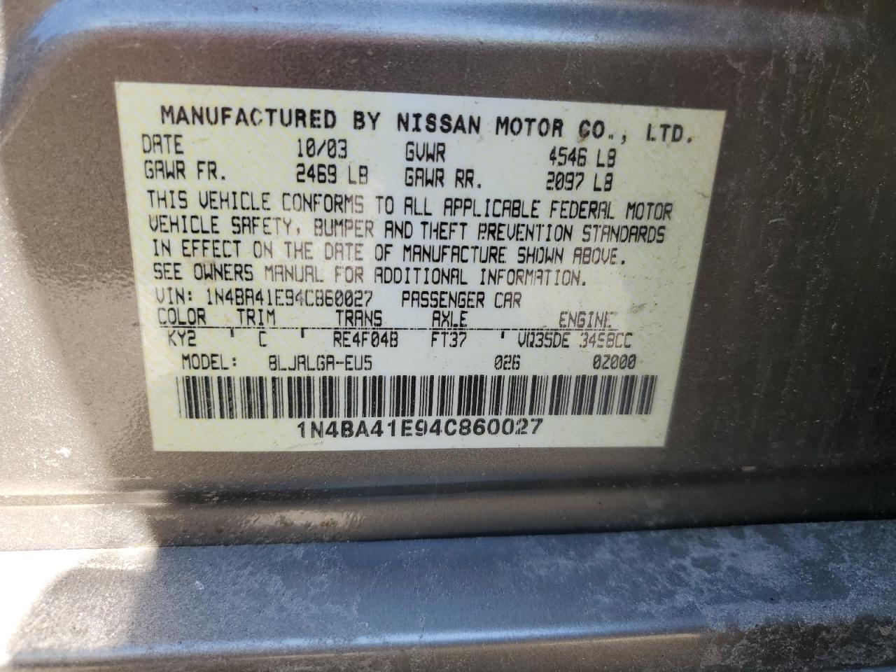 1N4BA41E94C860027 2004 Nissan Maxima Se