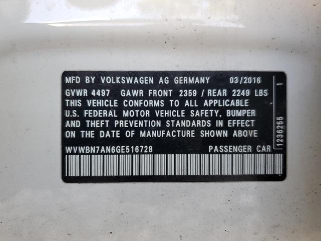 2016 Volkswagen Cc Base VIN: WVWBN7AN6GE516728 Lot: 61327174