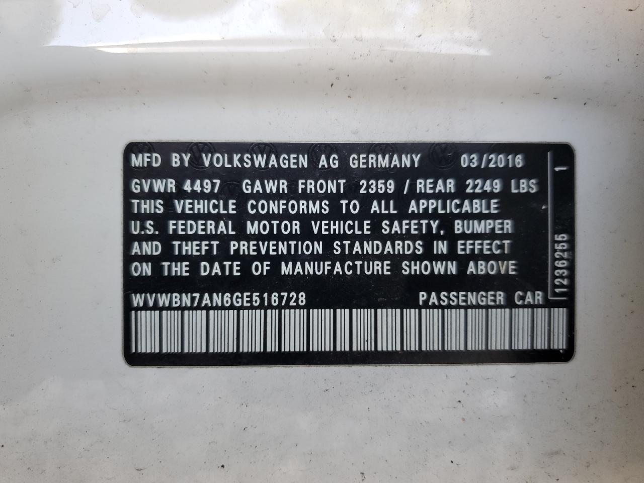 WVWBN7AN6GE516728 2016 Volkswagen Cc Base