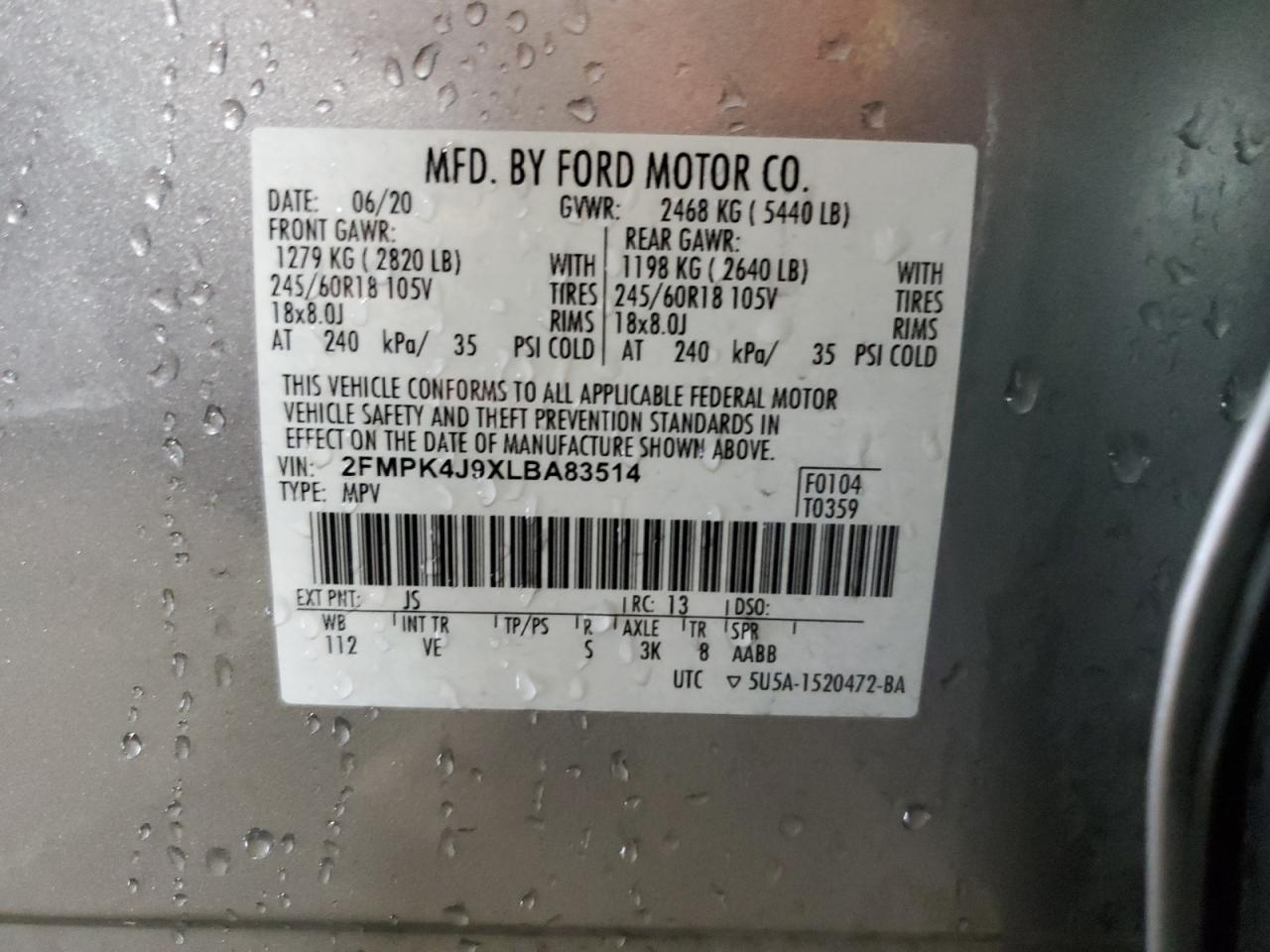 2FMPK4J9XLBA83514 2020 Ford Edge Sel