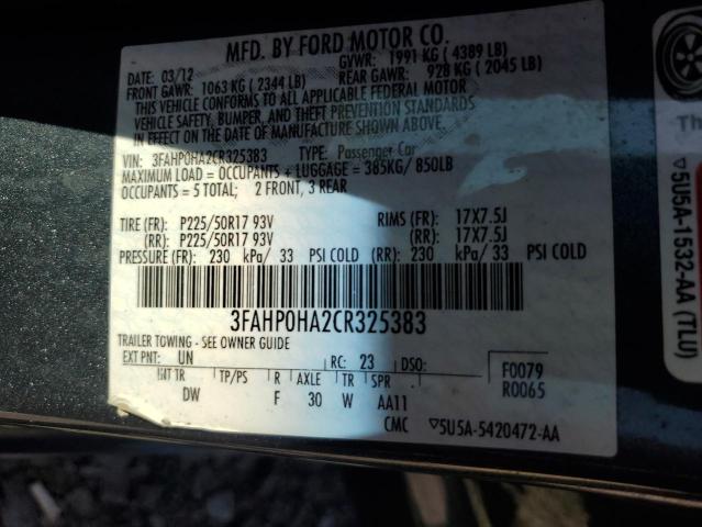 2012 Ford Fusion Se VIN: 3FAHP0HA2CR325383 Lot: 61700364