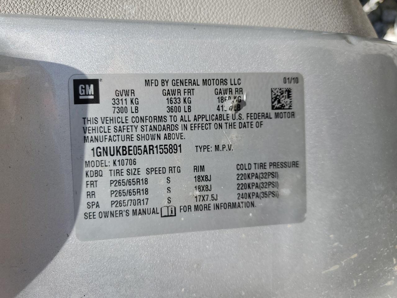 1GNUKBE05AR155891 2010 Chevrolet Tahoe K1500 Lt