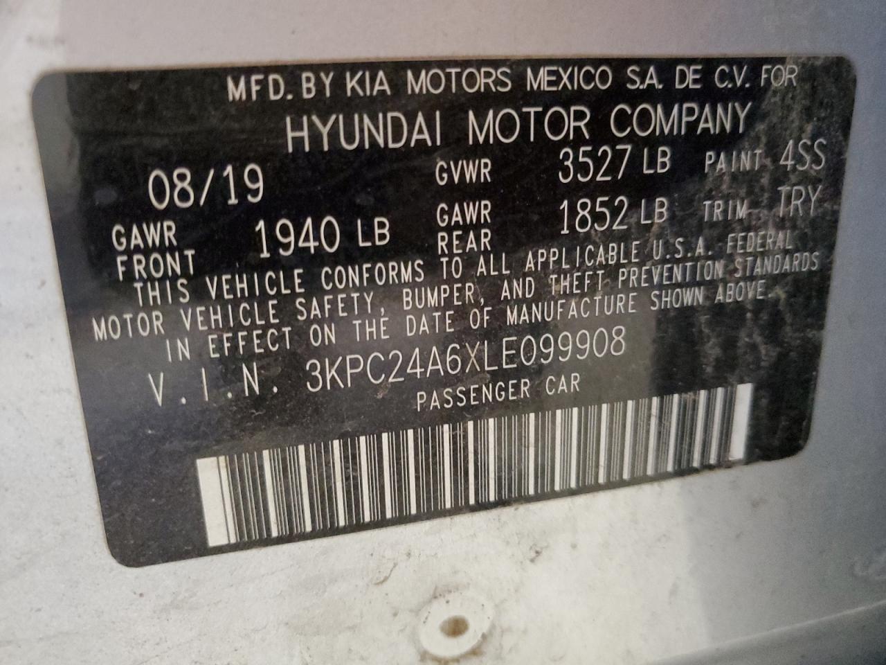 3KPC24A6XLE099908 2020 Hyundai Accent Se