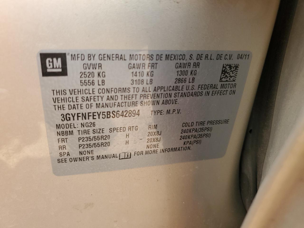 3GYFNFEY5BS642894 2011 Cadillac Srx Premium Collection