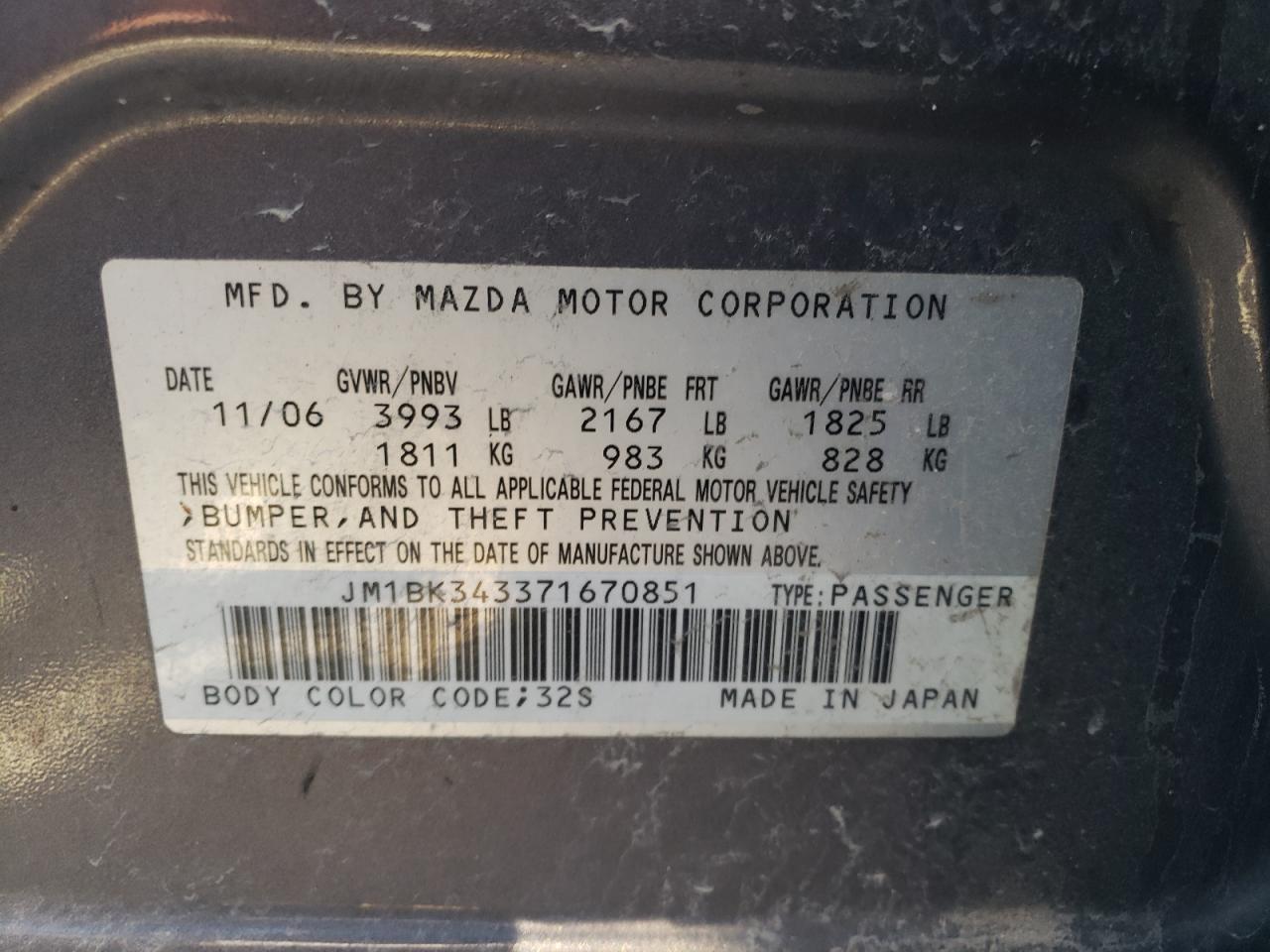 JM1BK343371670851 2007 Mazda 3 Hatchback