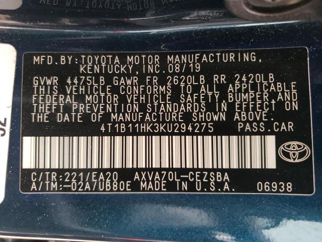 2019 Toyota Camry L VIN: 4T1B11HK3KU294275 Lot: 61484014