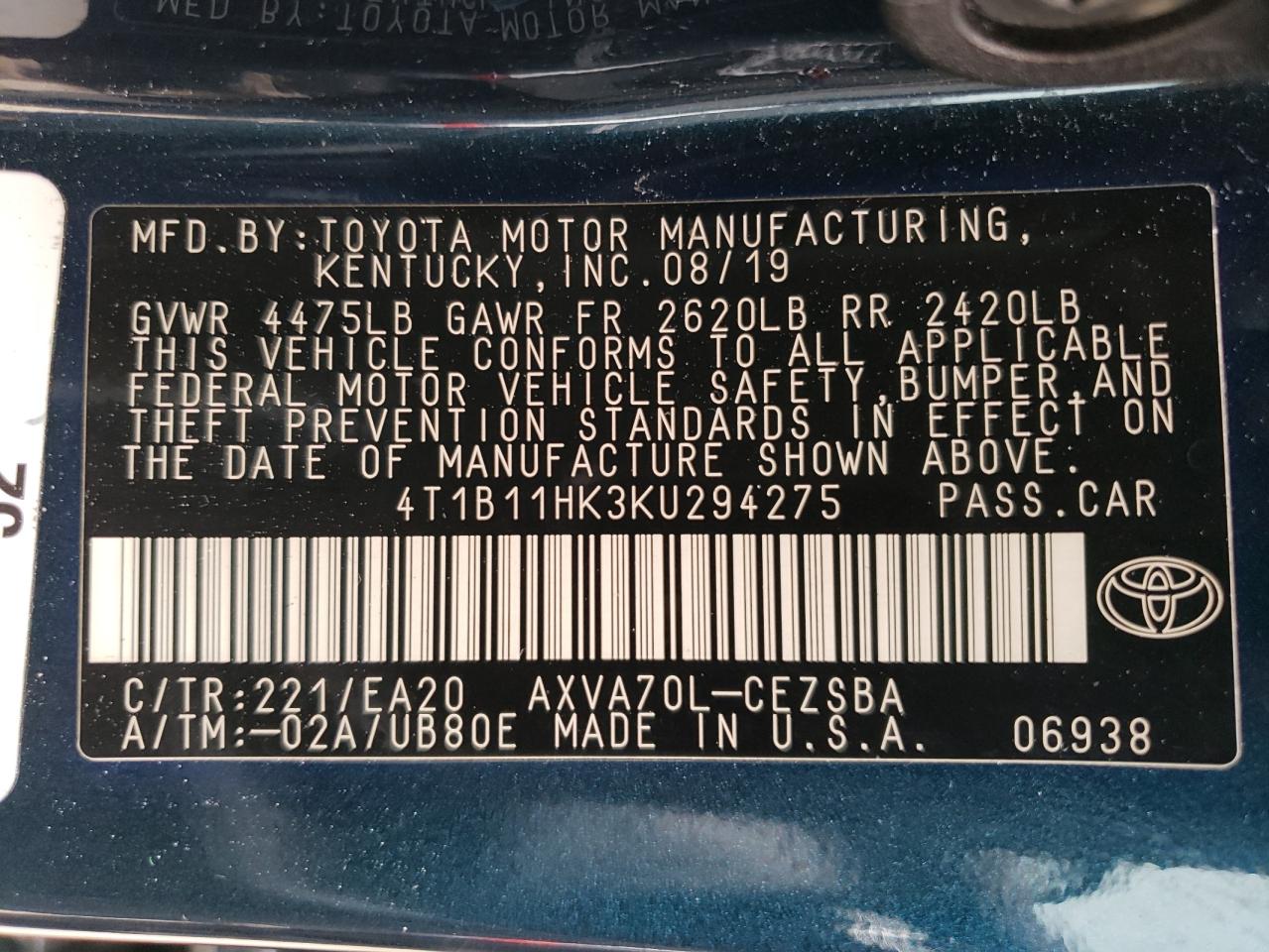 4T1B11HK3KU294275 2019 Toyota Camry L