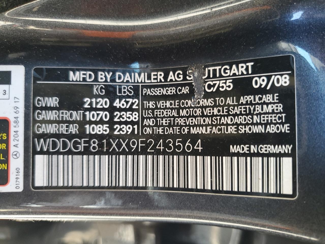 WDDGF81XX9F243564 2009 Mercedes-Benz C 300 4Matic