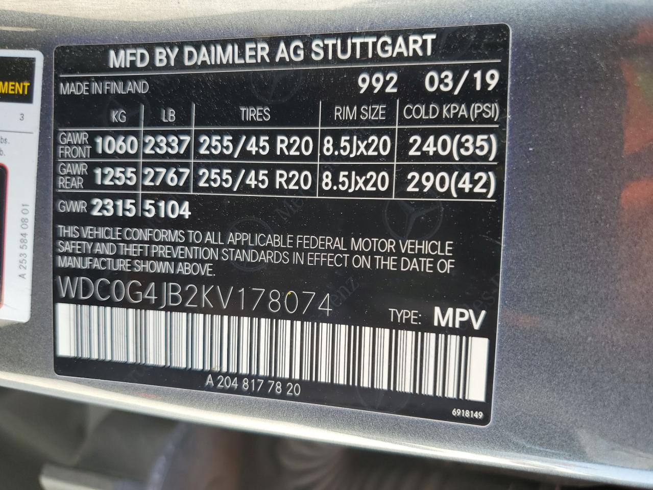 WDC0G4JB2KV178074 2019 Mercedes-Benz Glc 300