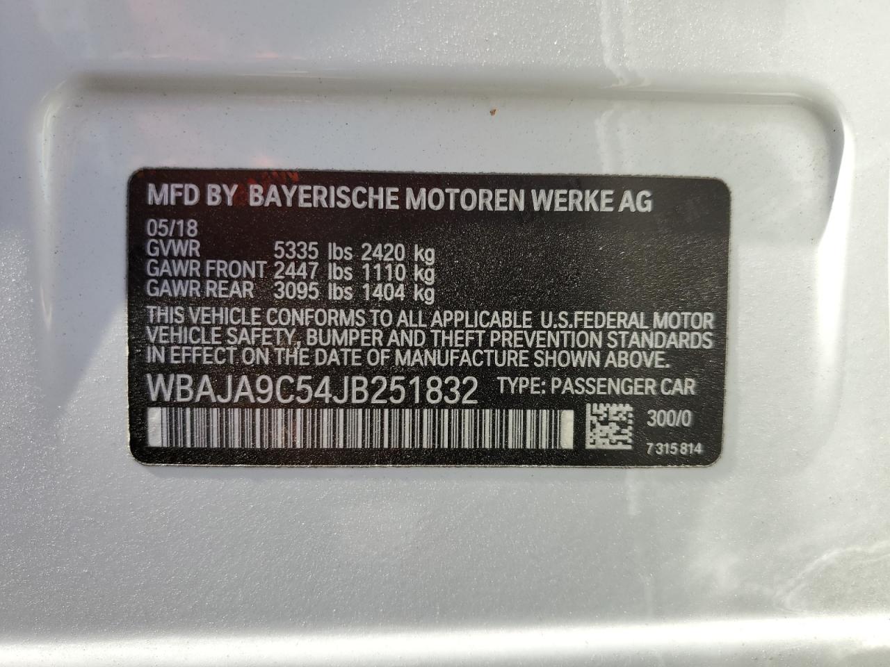 WBAJA9C54JB251832 2018 BMW 530E